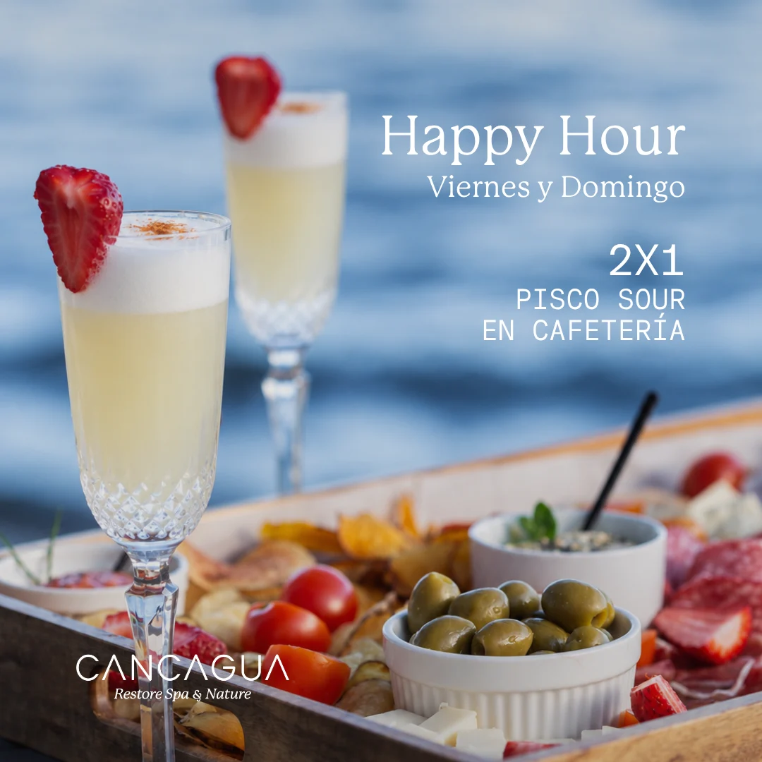 Happy Hour Cancagua: 2x1 pisco sour los viernes y domingos en Cafetería. La tabla fotografiada se paga aparte.